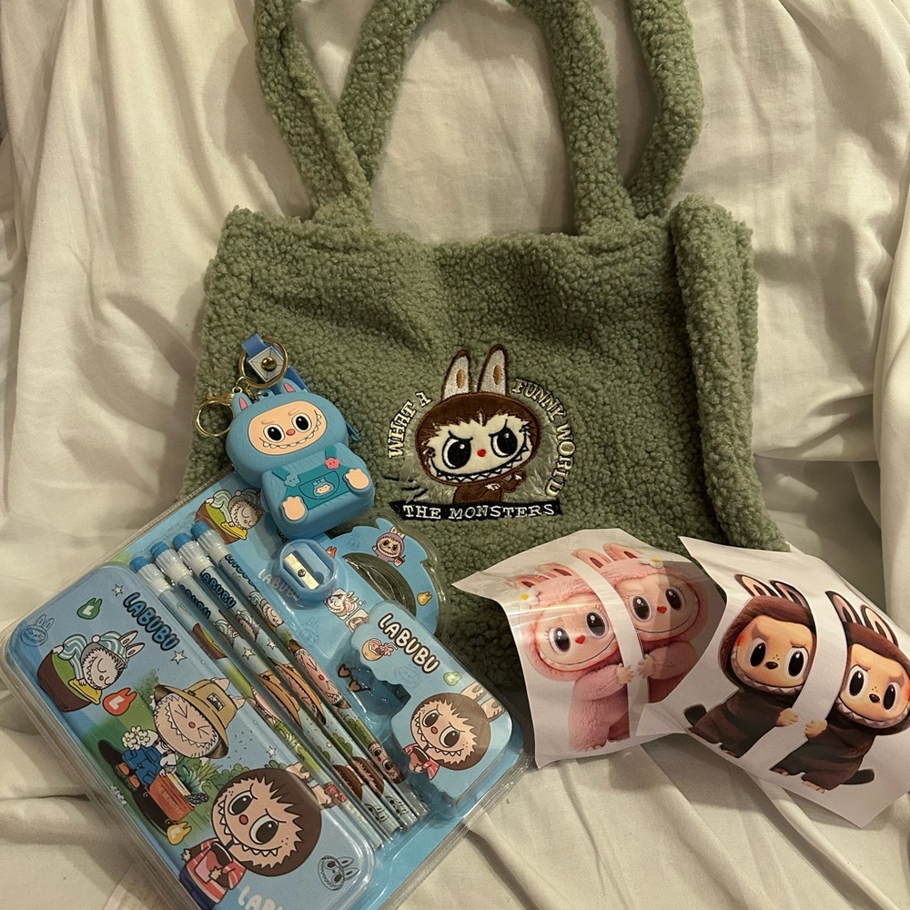 Green Furry Kids Bag with Cartoon Stationery Set